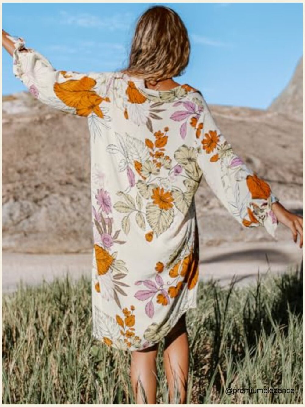 Mini Summer Dress Cover Up Oversize Floral Shirt 3/4 Sleeve Cuff Tie Button - Picture 2 of 7